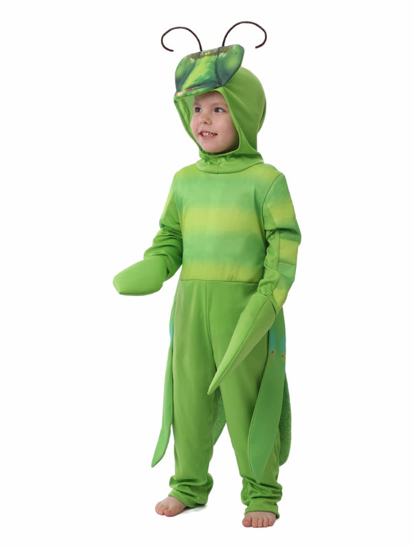 Child wearing bright green praying mantis costume with 3D hood and wire antennae