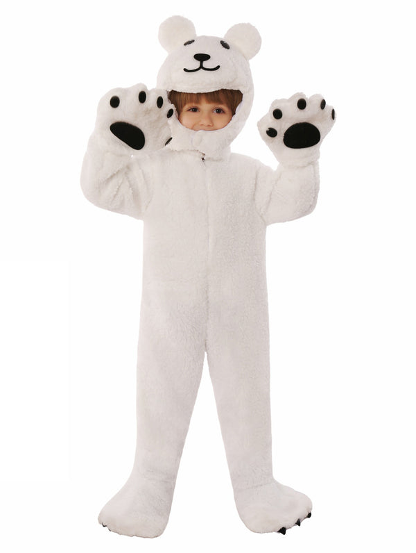 Child wearing white polar bear costume with hood and paw gloves for Book Week