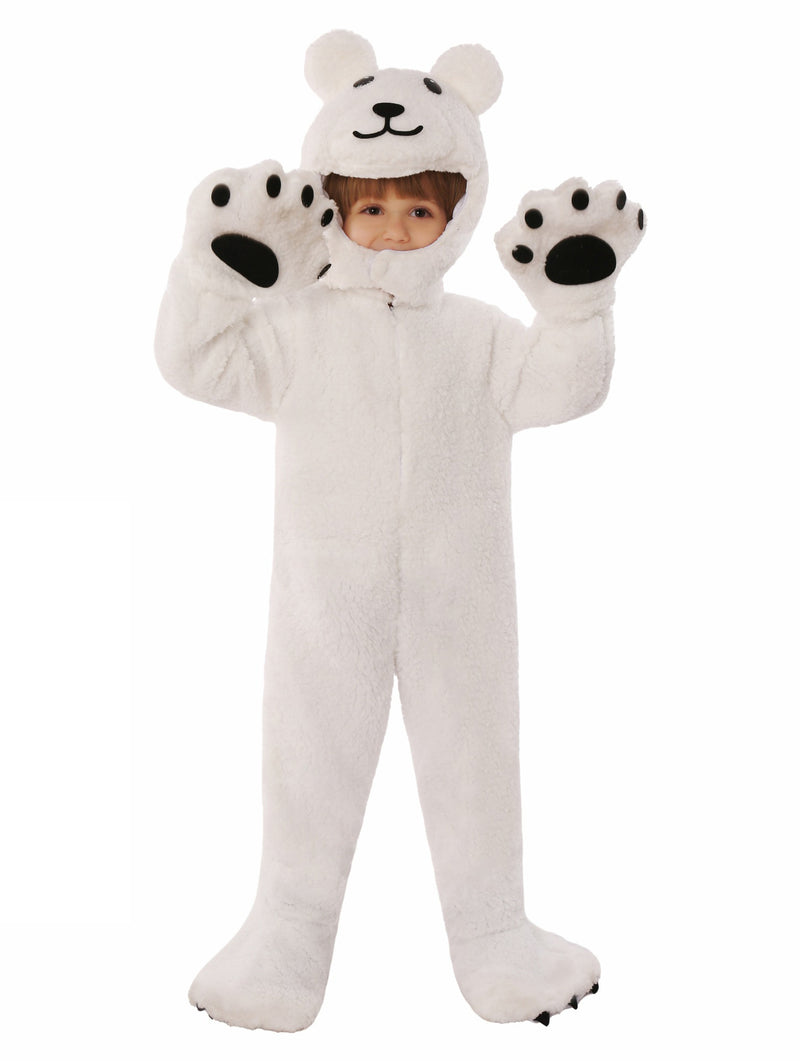 Child wearing white polar bear costume with hood and paw gloves for Book Week