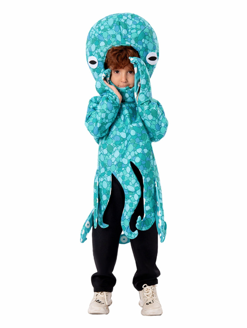 Kids wearing turquoise octopus costume with hooded face and eight tentacles extending from tunic