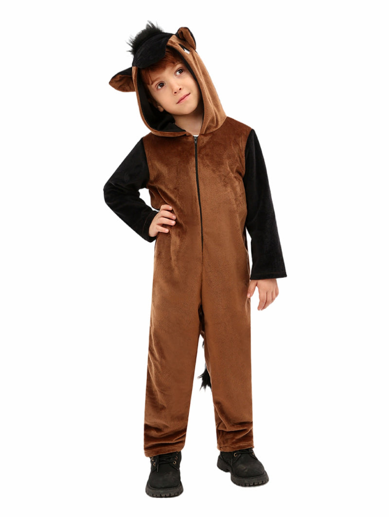 Kids brown horse costume jumpsuit with black mane and tail, front view
