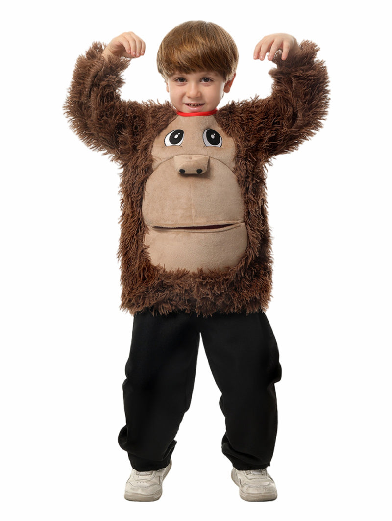 Kids chimpanzee costume top with shaggy brown fur and 3D face panel