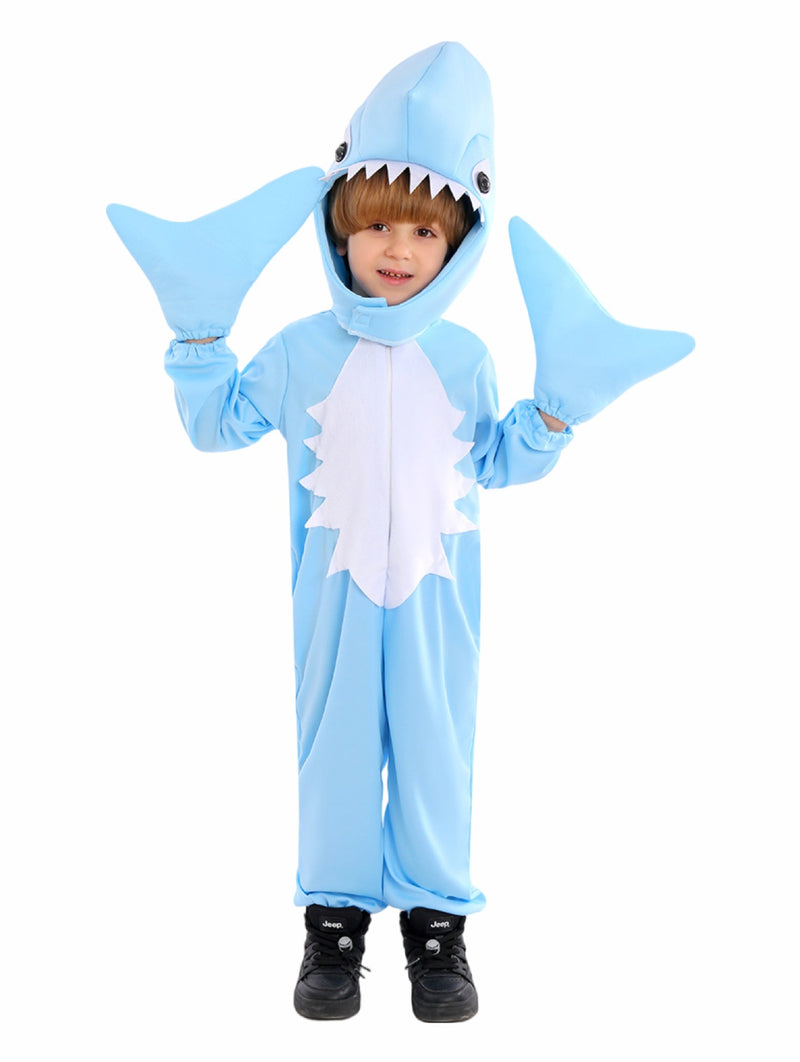 Kids blue shark costume full body jumpsuit with hood and fins front view