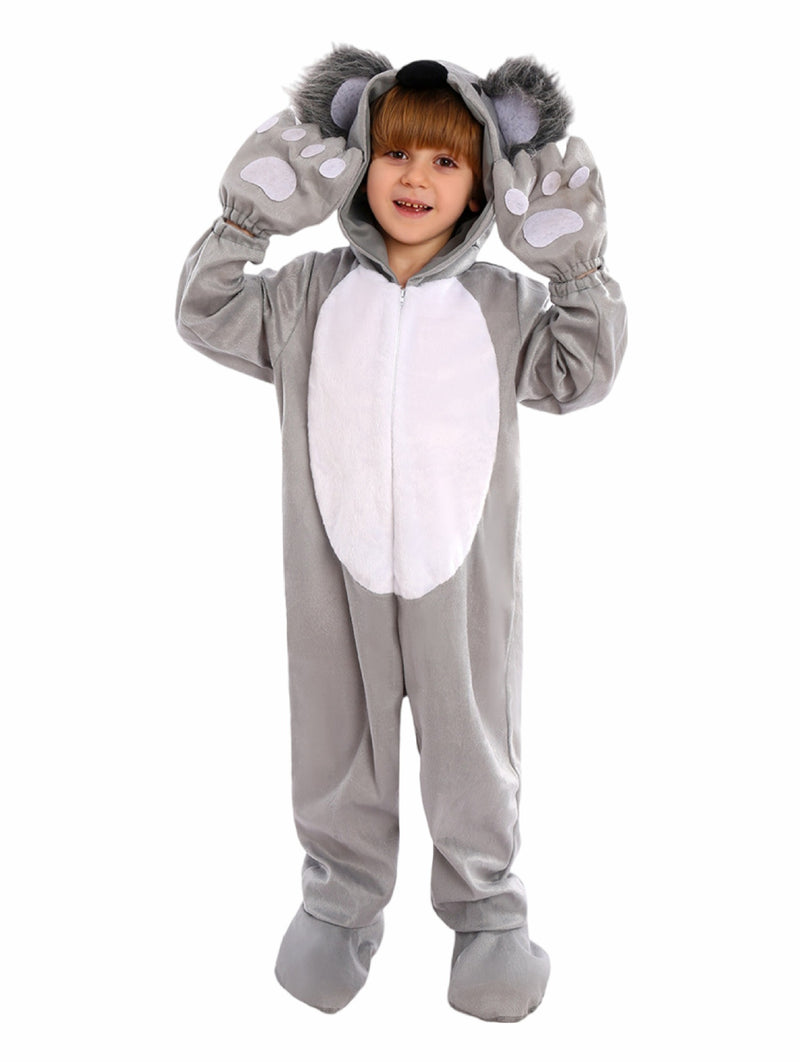 Child wearing grey koala costume with white belly, hood with rounded ears and pink inner trim