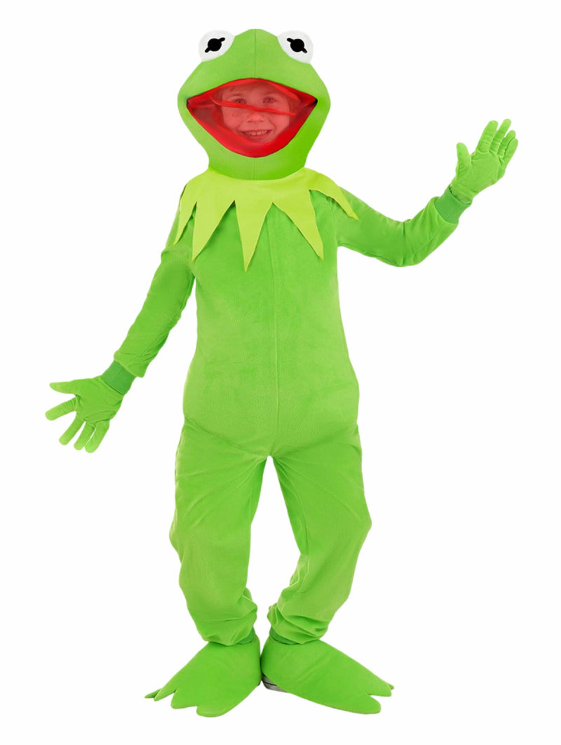 Child wearing bright green frog costume with protruding eyes and webbed gloves, front view