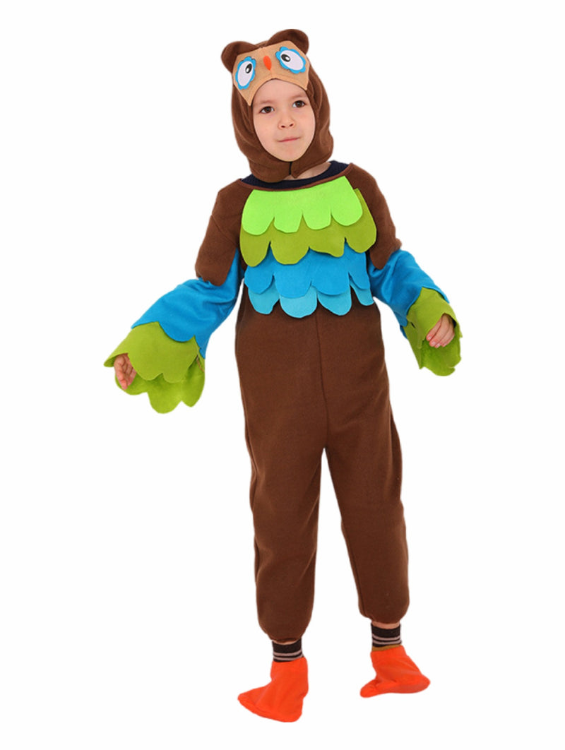 Kids brown owl costume jumpsuit with lime green and turquoise feather wings and orange beak hood