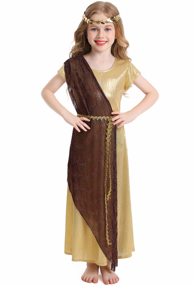 Girl wearing gold and bronze Egyptian Queen costume with leaf headband