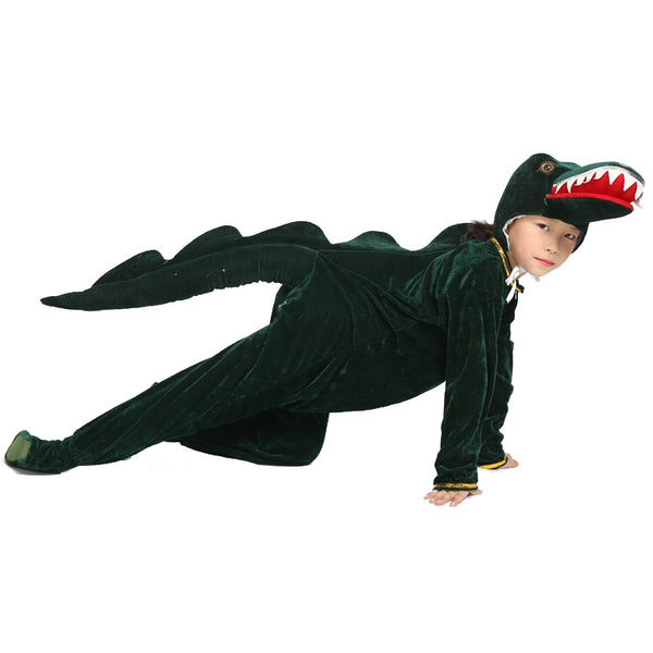 Child wearing green crocodile costume with dimensional head showing teeth and red mouth