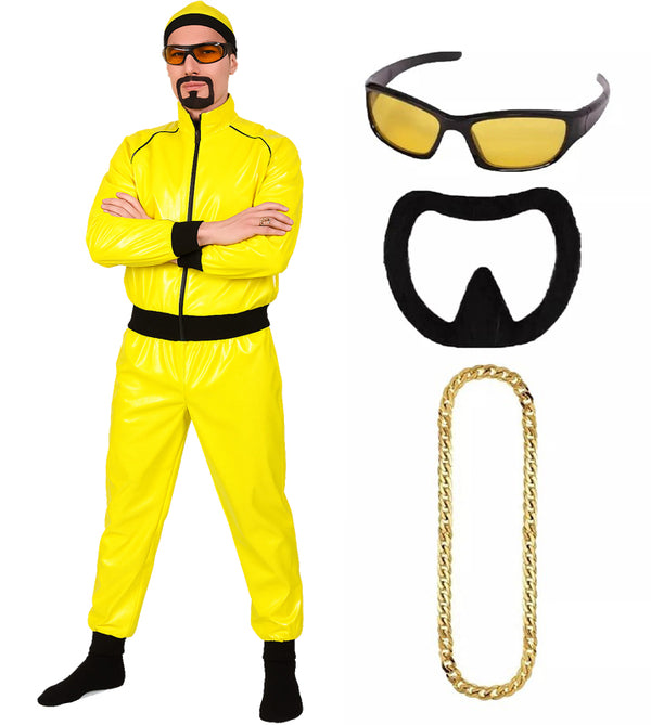 Men's bright yellow shiny tracksuit with black trim, includes matching skull cap and oversized sunglasses