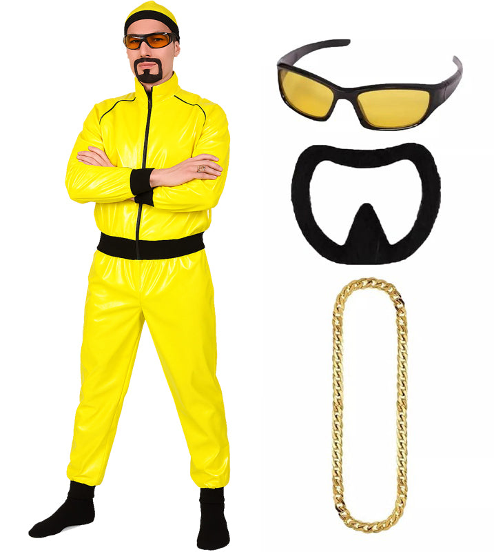 Men's bright yellow shiny tracksuit with black trim, includes matching skull cap and oversized sunglasses