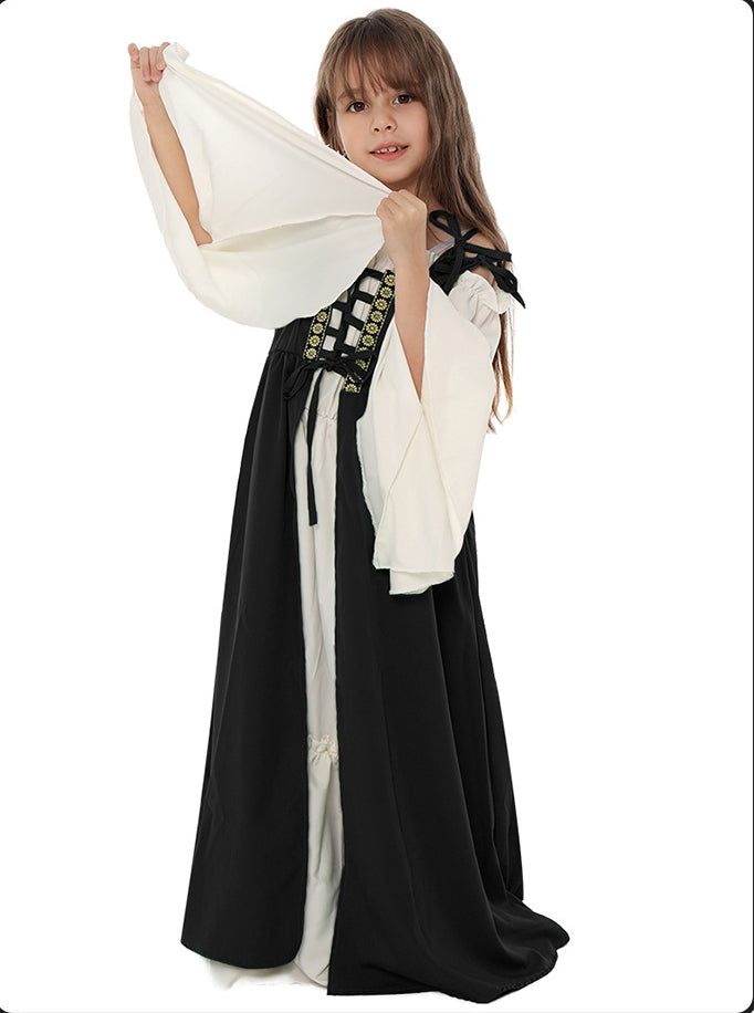 Kids medieval princess costume in black and cream with cape sleeves and gold trim