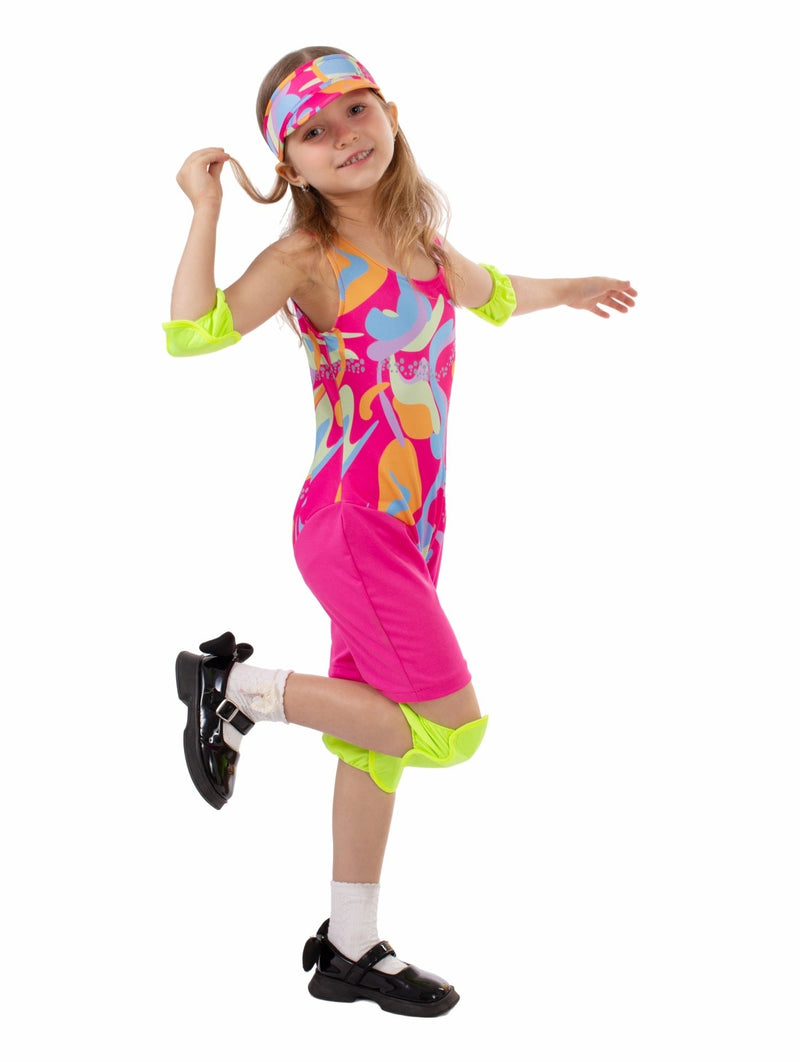 Girl wearing hot pink and neon 80s roller skater bodysuit with visor and yellow pads