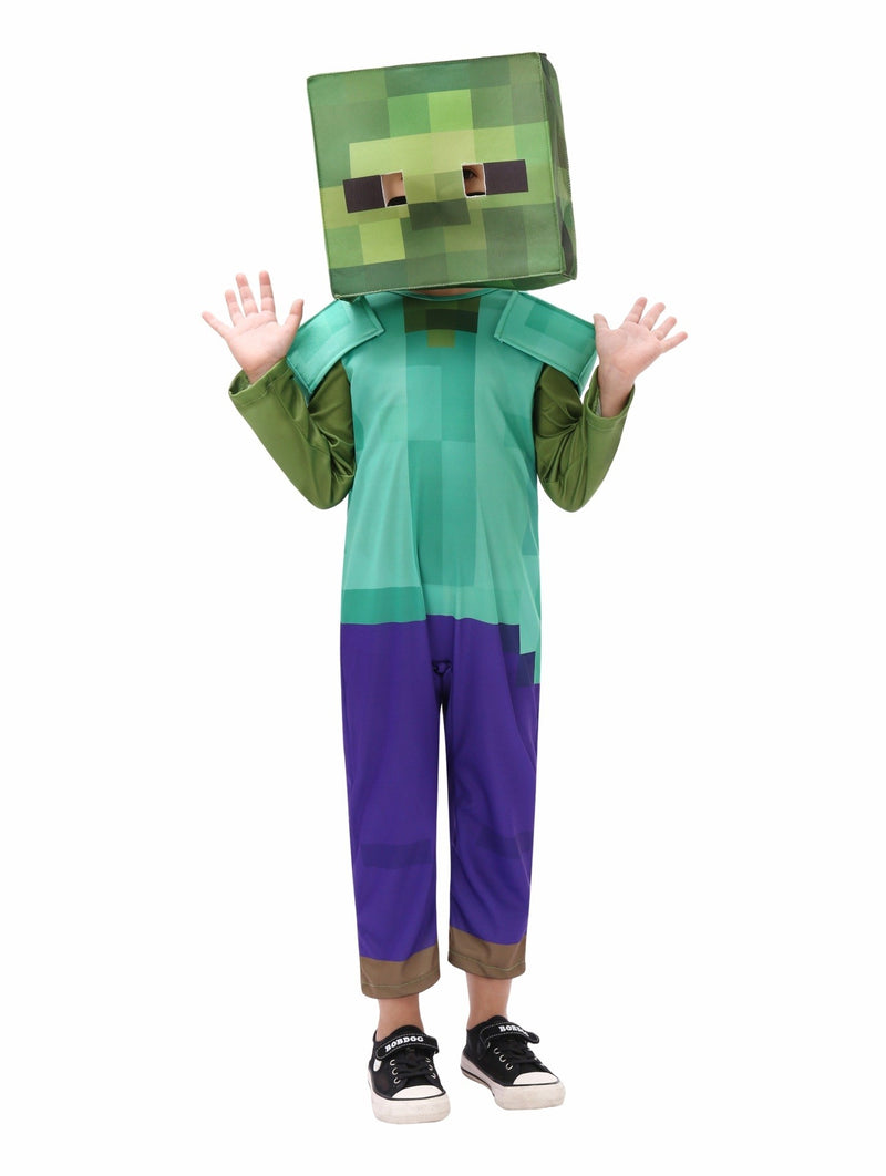 Child wearing full-body pixelated zombie gamer costume with cubic green headpiece and aqua jumpsuit