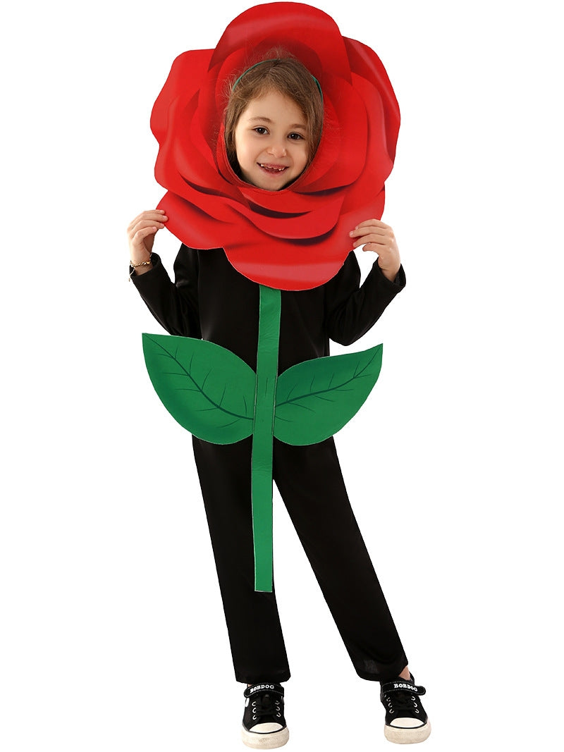 Child wearing red rose flower headpiece with layered petals and black jumpsuit with green stem