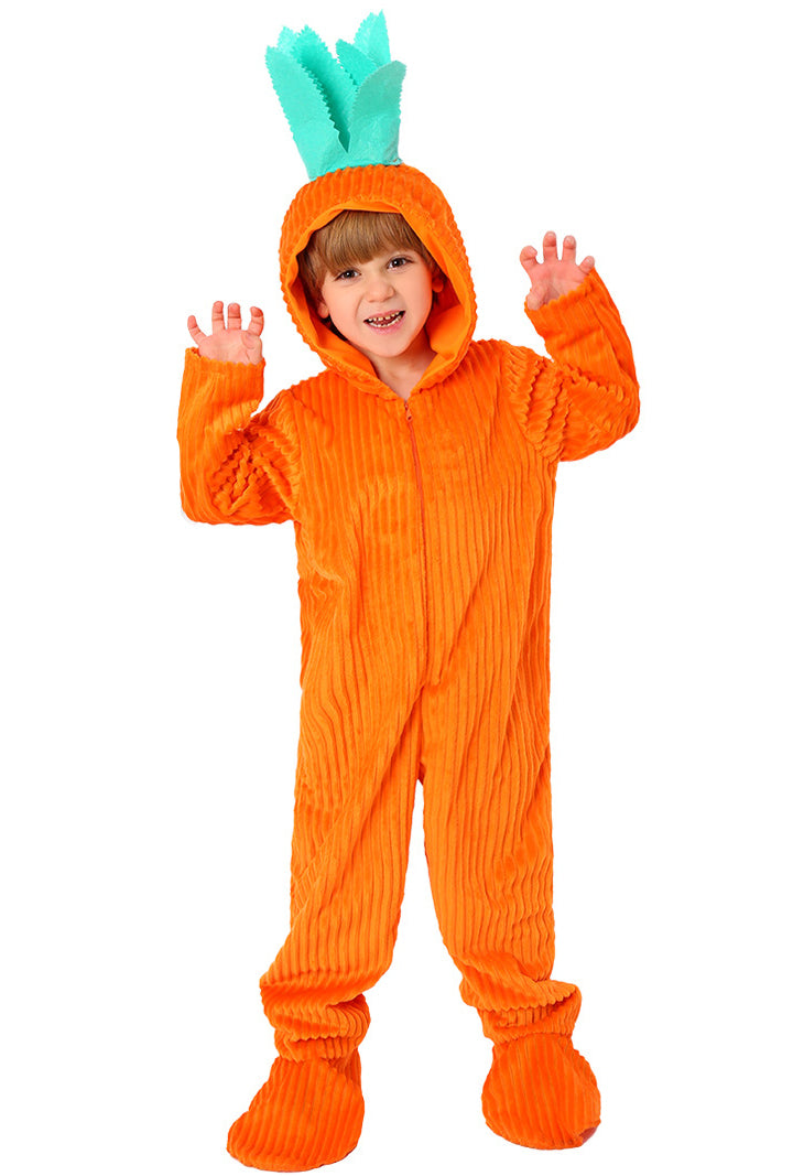 Child wearing bright orange carrot costume with green leaf hood and ribbed plush texture