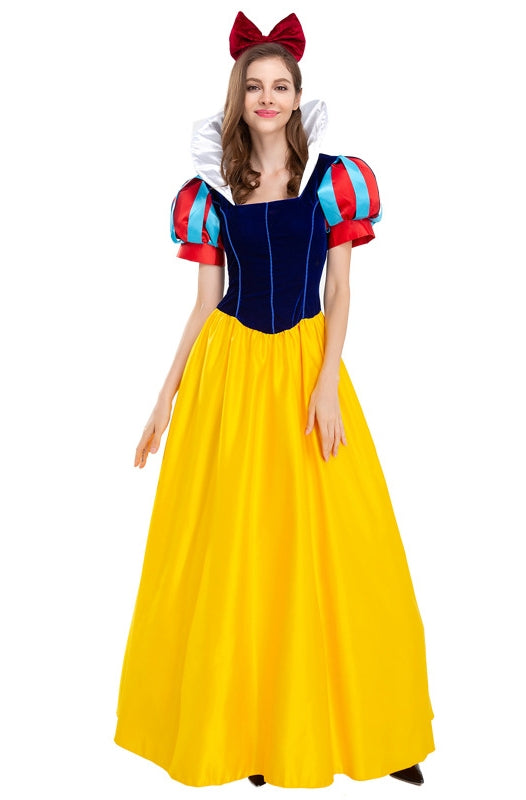 Women's fairy tale princess ball gown costume with yellow skirt and blue bodice
