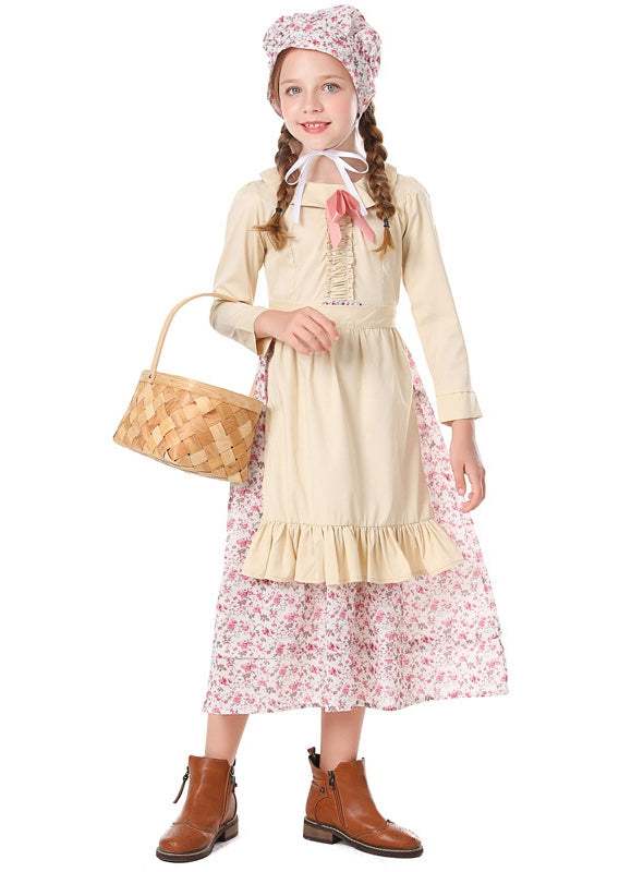 Girls prairie pioneer costume with floral dress, cream apron and matching bonnet