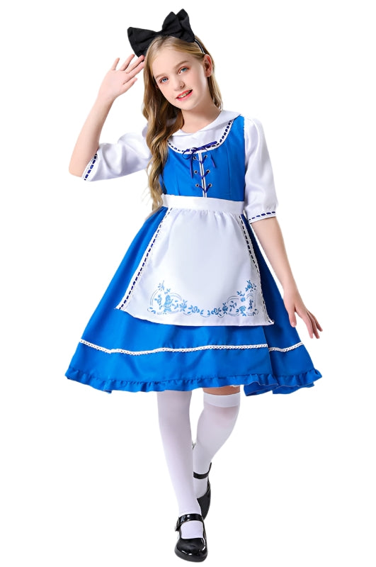 Girl wearing bright blue Alice costume with white apron and black bow headband