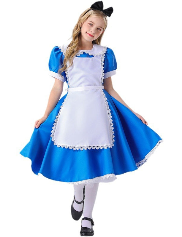 Girls blue satin dress with white apron and puffed sleeves for Book Week storybook character costume