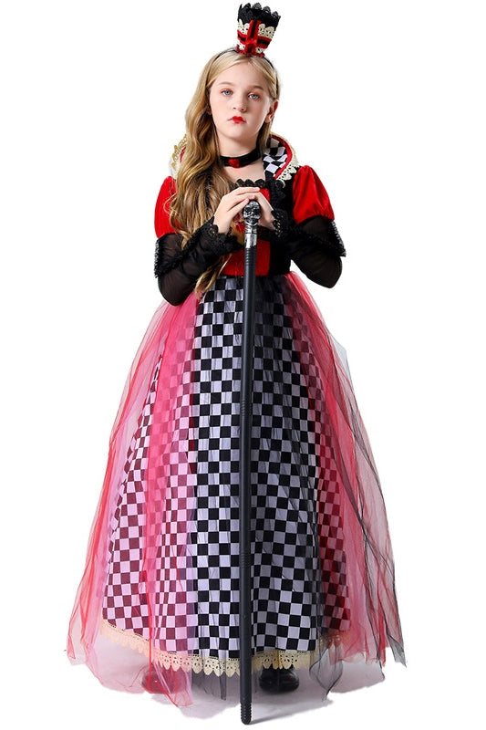 Kids storybook queen costume with red bodice, checkered skirt and pink tulle overlay
