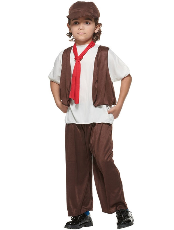 Kids Victorian street urchin costume with brown vest and flat cap
