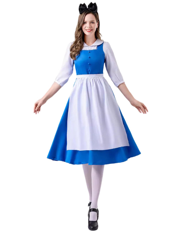 Women's blue storybook dress costume with white apron and black bow headpiece