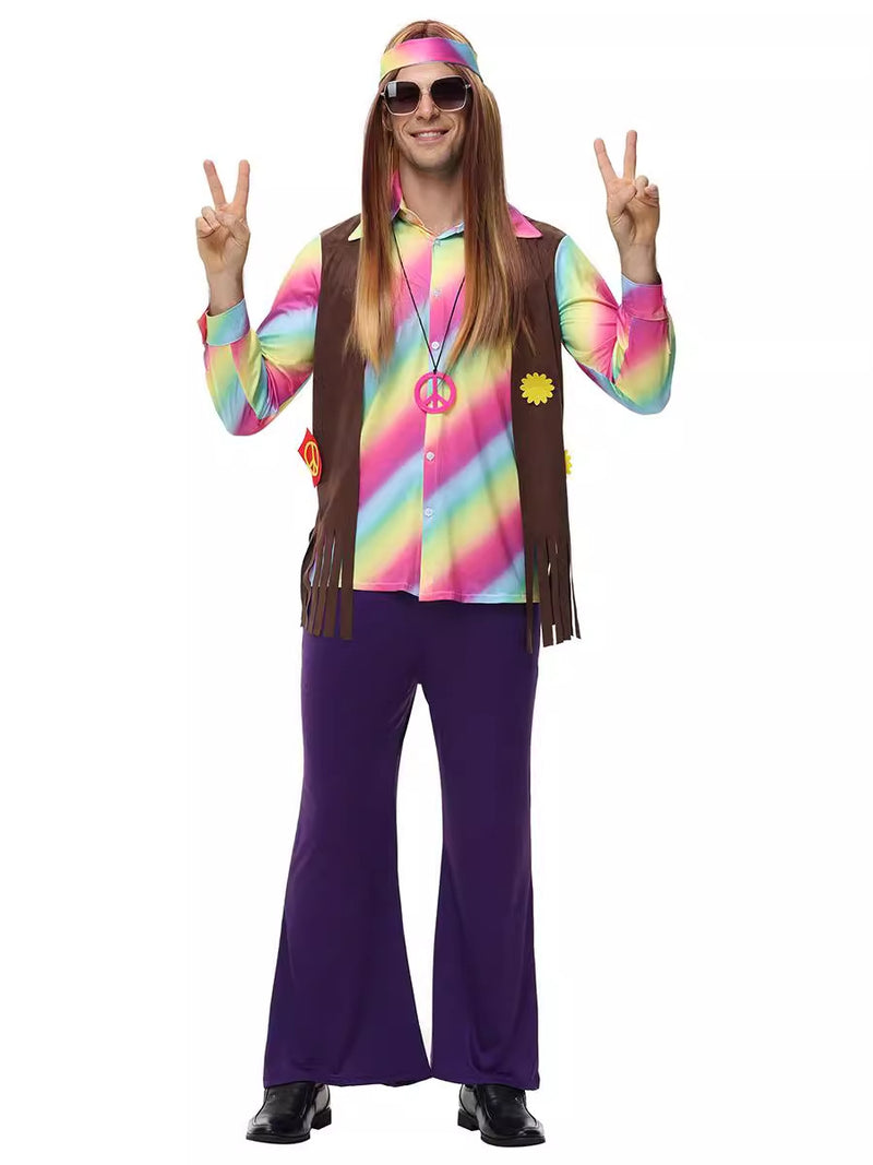 Men's hippie costume with rainbow tie-dye shirt, fringed brown vest, and purple bell-bottom pants