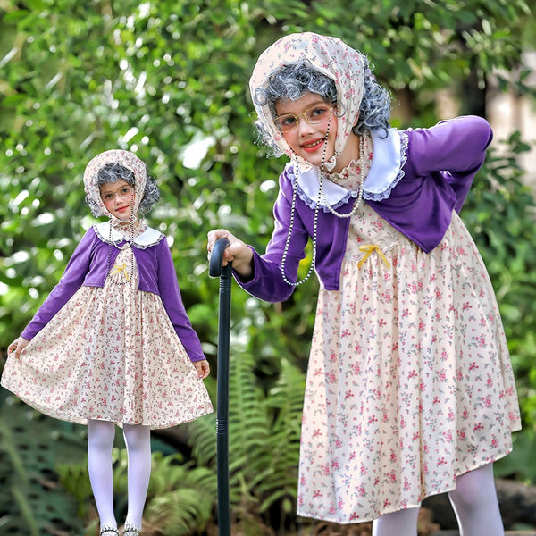 Kids grandma costume with floral dress, purple jacket and grey wig for 100 Days of School