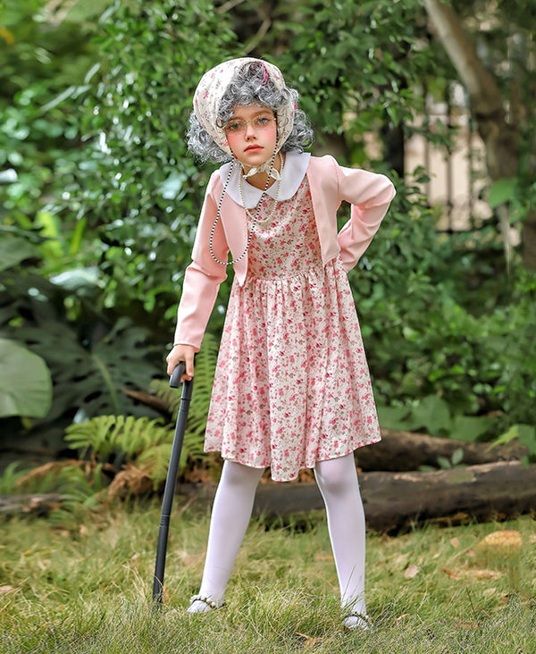 Kids granny costume with pink floral dress, cardigan, gray wig with rollers, glasses and cane