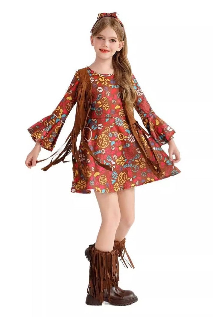 Girls hippie costume with psychedelic print dress, fringed vest and leg warmers in rust and multicolor