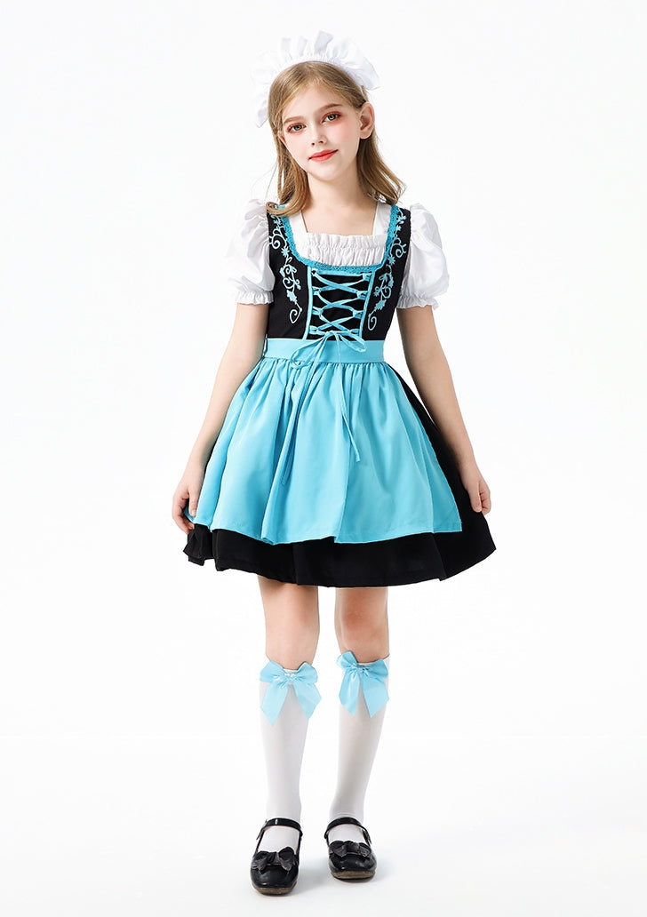 Girls sky blue Bavarian dirndl costume with black lace-up bodice and white puff sleeves, front view