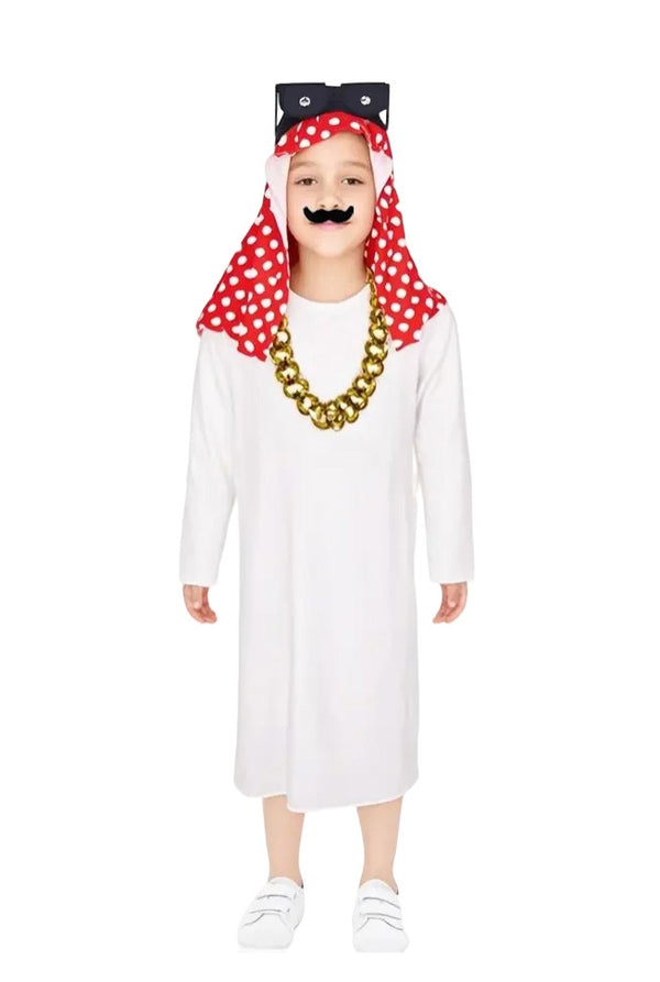 Kids desert prince costume with white tunic and red polka dot headwear