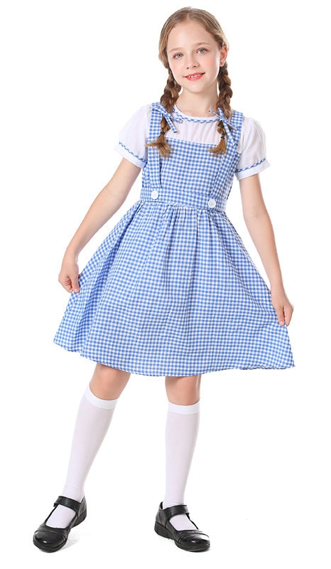 Girls blue gingham pinafore dress with white puffed-sleeve blouse for Book Week