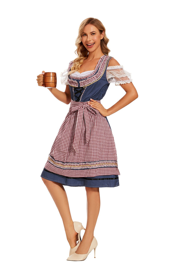 Women's navy polka-dot dirndl dress with burgundy gingham apron and white lace sleeves