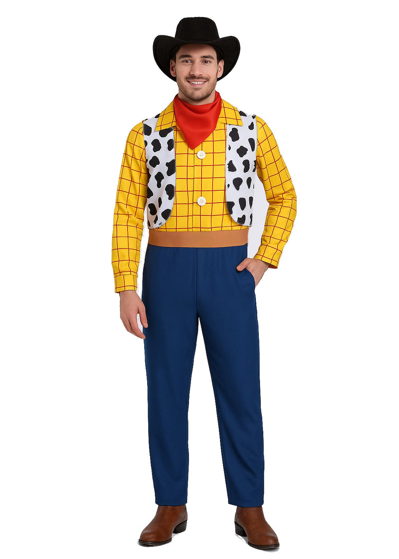 Adult Western cowboy sheriff costume with yellow plaid shirt and cow-print vest