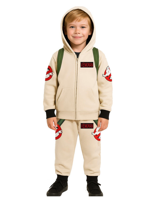 Child wearing beige ghost hunter tracksuit costume with proton pack print and investigator name tag - front view