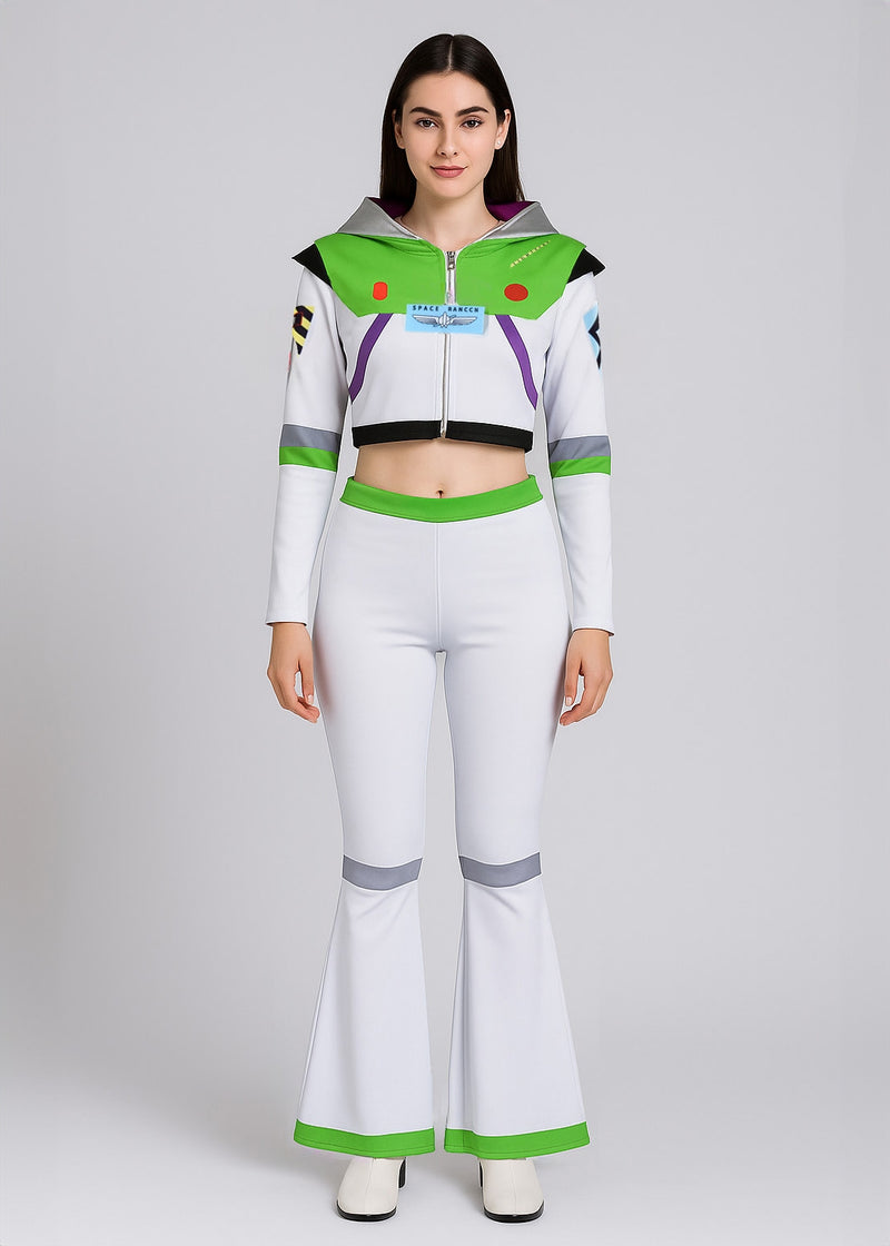 Woman wearing white and green space ranger costume with cropped hooded jacket and bell-bottom pants