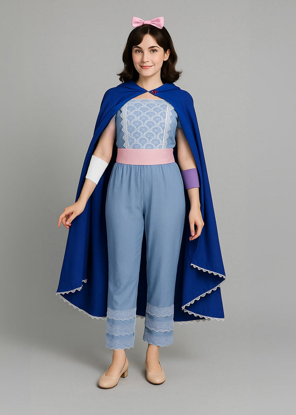 Women's shepherdess costume with royal blue cape and lace-trimmed pants