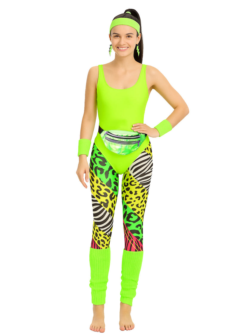 Women's 80s aerobics costume with neon green bodysuit and animal print leggings