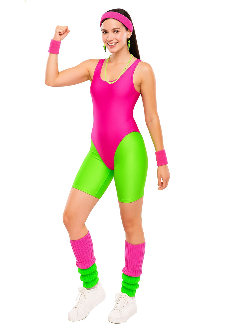 Women's hot pink bodysuit with neon green bike shorts and two-tone leg warmers, 80s aerobics costume