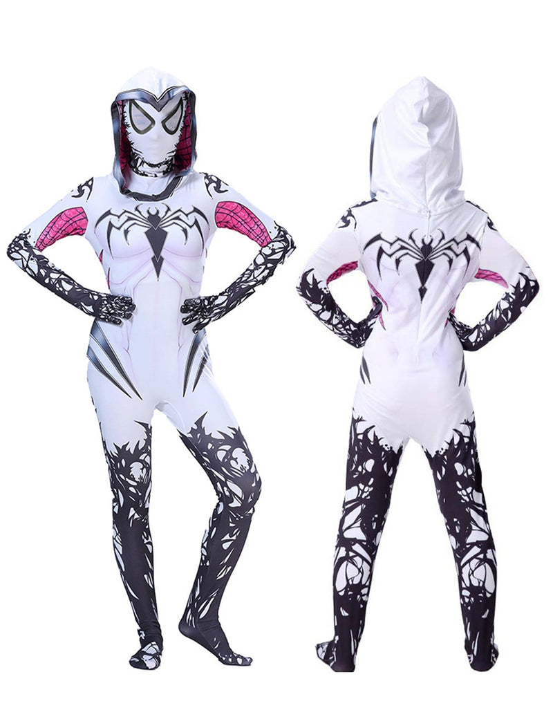 Girls spider hero costume in white and hot pink with web print and hooded mask