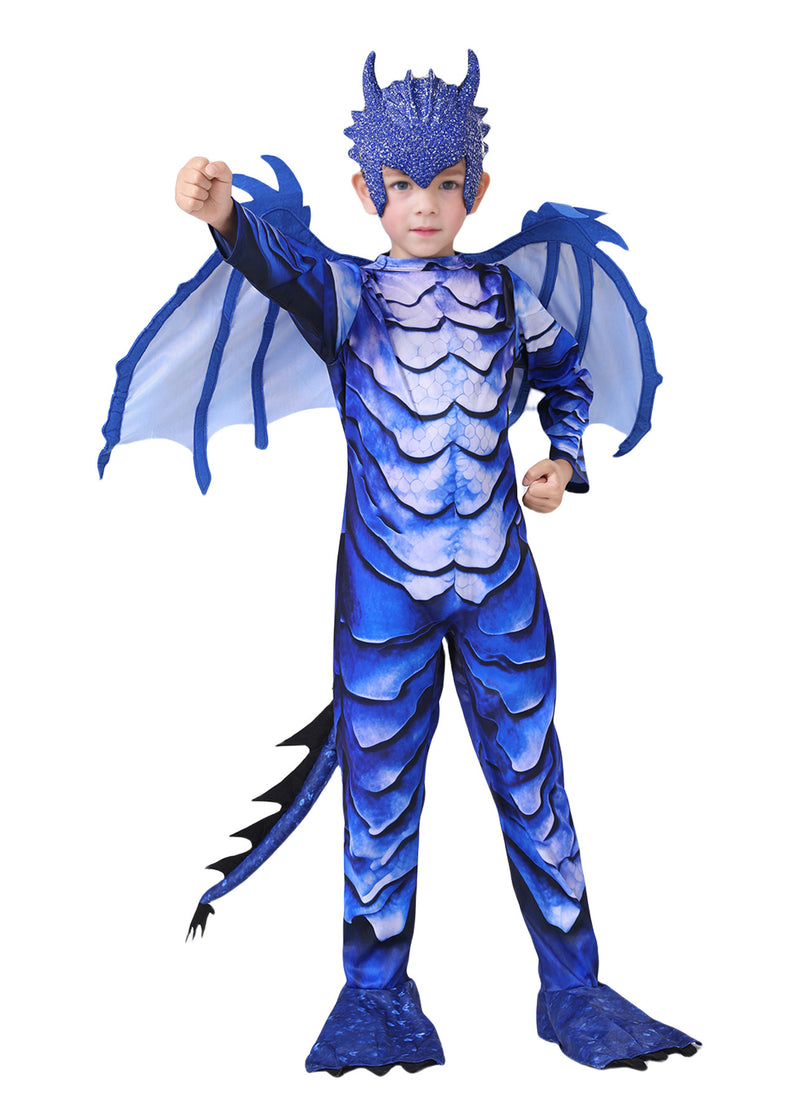 Kids blue dragon costume full body front view with scale pattern jumpsuit, detachable wings and horned mask