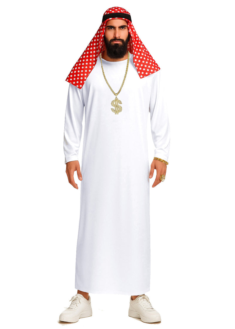 Men's Arabian sheik costume with white robe and red polka-dot headpiece