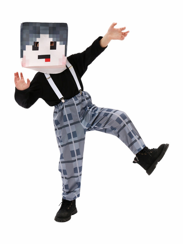 Child wearing black top, grey grid print pants with suspenders and pixelated foam mask