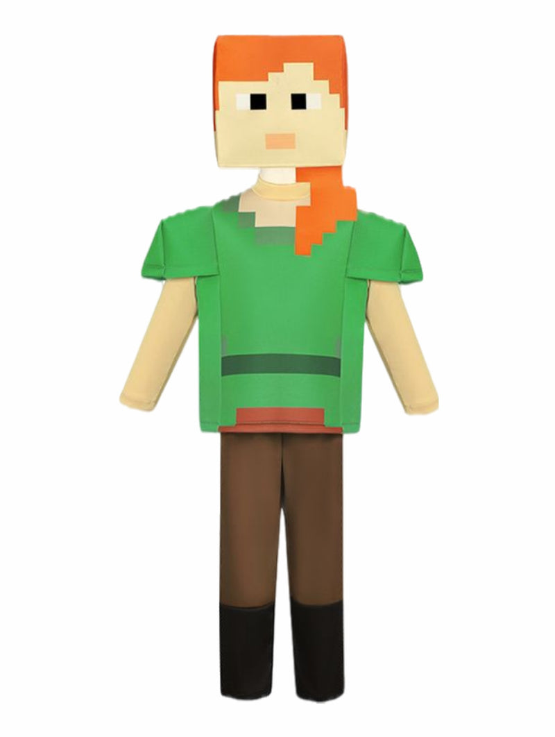 Child wearing bright green blocky pixel game costume with orange-haired mask