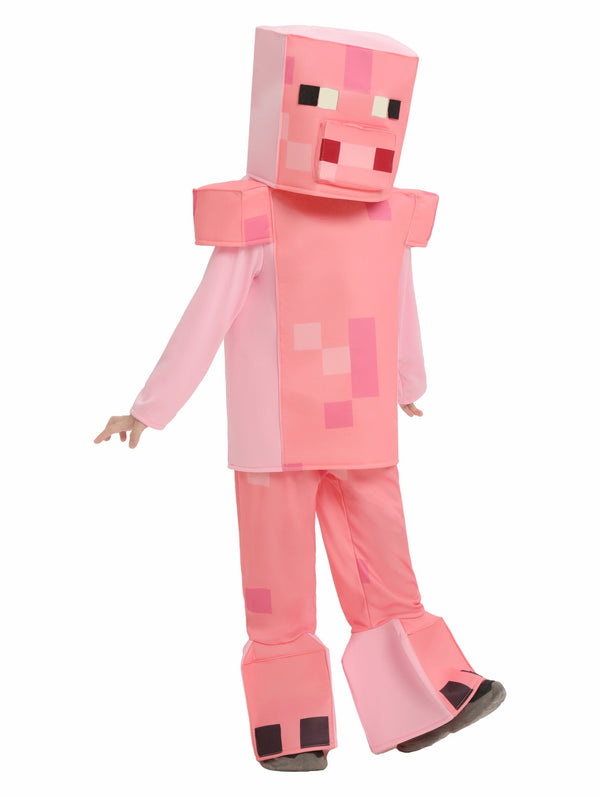 Child wearing pink pixel pig costume with cubic headpiece and blocky body