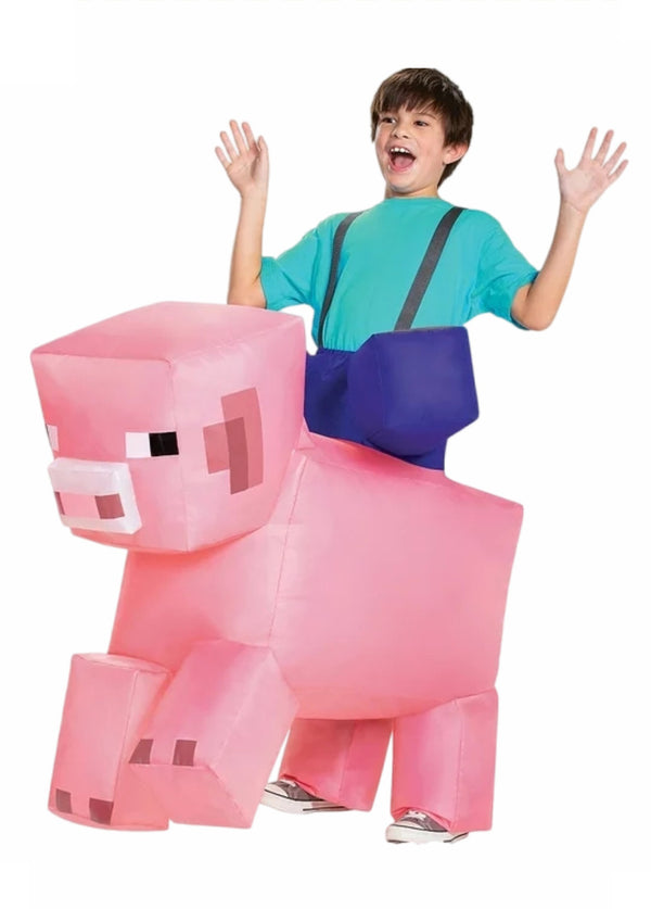 Child wearing inflatable blocky pixel pig ride-on costume with pink body and cubic legs