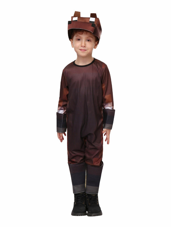 Child wearing brown pixelated horse costume with block-style headpiece
