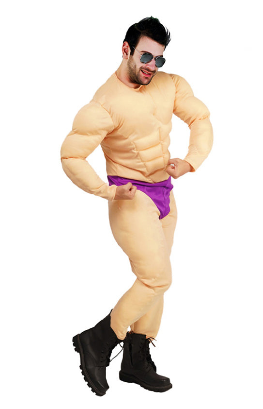 Men's padded muscle man costume with sculpted abs and purple briefs