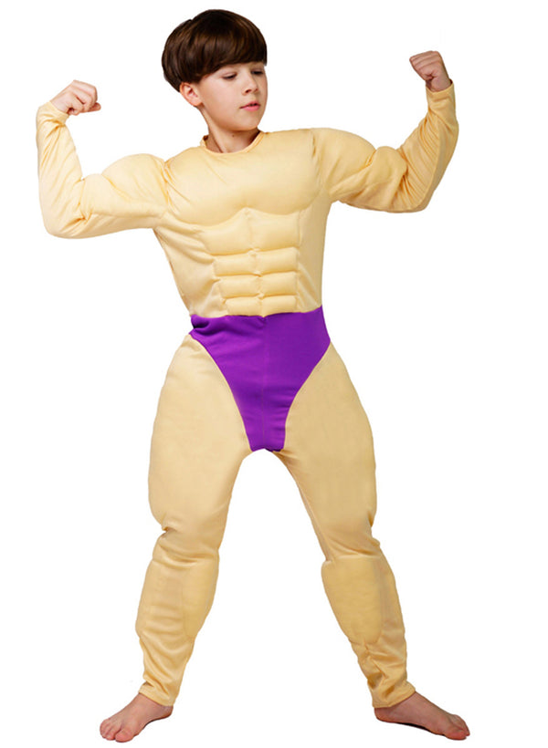 Kids muscle man costume with padded six-pack abs and purple briefs